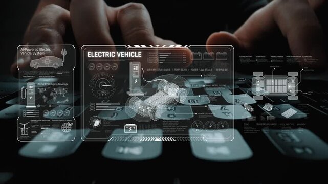 Technical layout of electric vehicle showing battery system, power control, traction motor, charging interface, and integration with renewable and smart energy sources Marrow