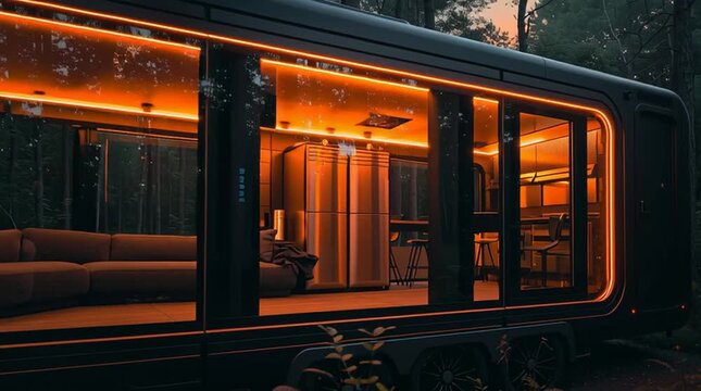 Modern Mobile Home Illuminated in Forest at Dusk with Glowing Interior 
