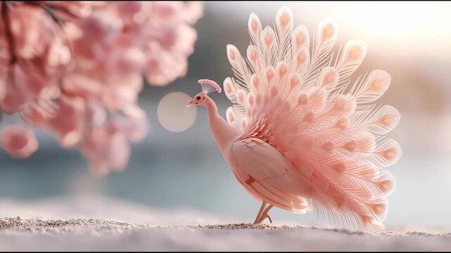 Elegant pink peacock displays its stunning feathers in a serene environment, showcasing vibrant colors, camera pans smoothly across the scene
