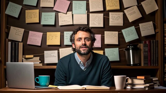 Celebrating National Screenwriters Day Writers Desk Filled with Colorful Notes, Creativity, Focus, Coffee, and Inspiration from Books and Laptop