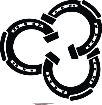 Three interlocking horseshoes logo vector illustration, black silhouette of lucky symbols arranged in a circle, western equestrian design element isolated on white background