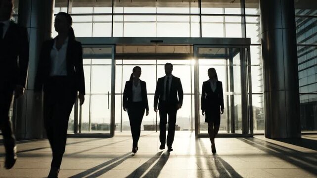 Silhouetted Business Professionals Walking Through Modern Office Entrance Against Bright Sunlight, Corporate Ambition & Teamwork