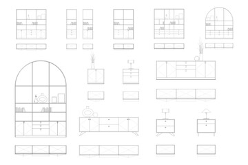 Collections  of Modern Furniture Elevation Drawings: Cabinets, Console, Nightstands, and Bookcases. 1