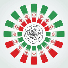 A circular design featuring iranian flags arranged around a rose outline in the center.