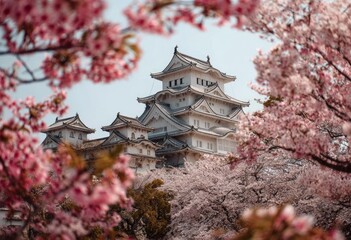 Ancient Japanese castle framed by blooming cherry blossoms under a clear blue sky