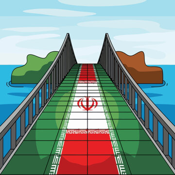 Iran flag on bridge with water and islands in cartoon style. Travel and tourism concept.