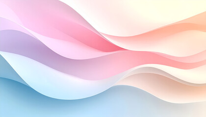 Fototapeta premium An abstract background with gentle, layered wave patterns in soft pastel tones, featuring a smooth gradient transition from blue and pink to warm cream and orange.