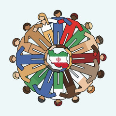 Diverse people holding hands around the map and flag of iran. Unity and diversity concept.