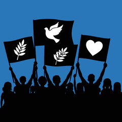 Crowd of people holding flags with peace symbols, dove, olive branch and heart icon.