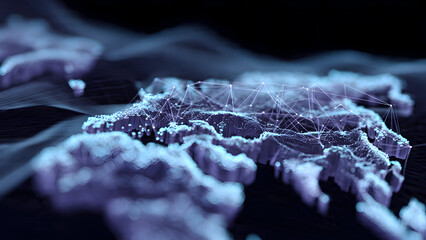 A floating holographic map with blockchain nodes pulsing as transactions flow between regions