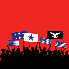 Silhouetted crowd holding flags with stars and stripes against a red background. Vector.