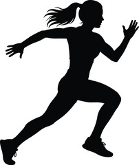Silhouette of athletic woman running fast with ponytail, black vector illustration of female jogger sprinting, dynamic fitness sport concept isolated on white background
