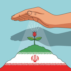 Hand protects tulip growing on hill with iran flag. Symbol of growth and protection.