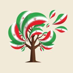Stylized tree with leaves patterned with the flag of iran, conceptual national symbol.