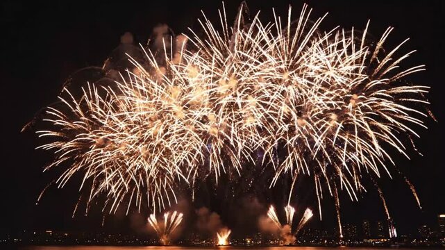 Fireworks explode in vibrant display over city skyline at night