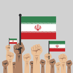 Diverse fists raised with iranian flag, symbolizing unity and national identity.