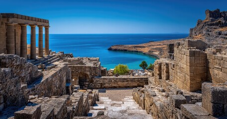Ancient ruins overlooking serene bay. Columns, stones, blue sea, and sky