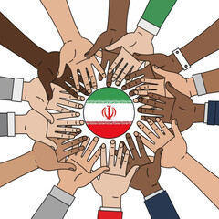 Diverse hands unite around the flag of iran, symbolizing unity and multiculturalism.