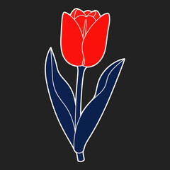 Stylized red tulip flower with blue leaves on a dark background, vector illustration.