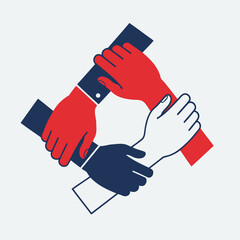 Four hands linked together in a square shape, symbolizing unity, teamwork, and support.