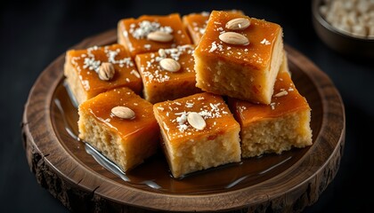 Close-up image capturing the warm, inviting color of a sweet sponge cake, with the top slices dripping with a thick amber sauce and featuring crunchy almond accents.