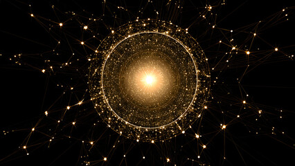 A glowing circular blockchain hub radiating data streams to multiple connected nodes