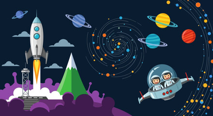 Cartoon Rocket Launching into Space with Astronauts and Planets.