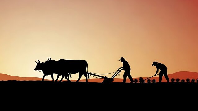 Silhouette of farmers plowing field with oxen at sunset, traditional agriculture scene.