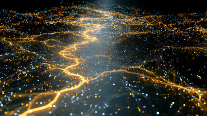 A glowing river of blockchain transactions flowing across a neural-like network of nodes
