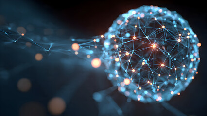 A glowing sphere cluster representing blockchain nodes syncing across a holographic network mesh