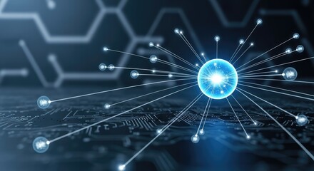 A glowing blue sphere with numerous tendrils extending outward on a dark, abstract circuit board background.