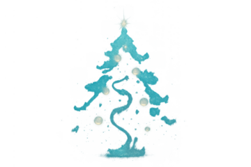 Abstract turquoise glitter christmas tree illustration with glowing ornaments for festive holiday design on transparent background