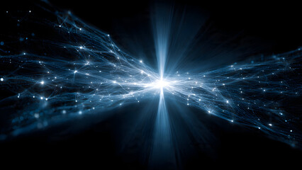A holographic light beam splitting into blockchain node pathways to show distributed data