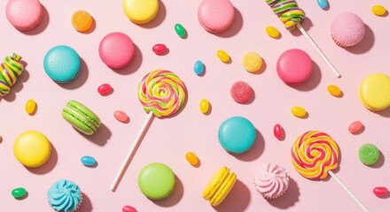 A colorful array of sweets and pastries on a pink background.