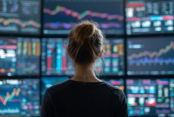 Businesswoman monitoring financial data on multiple digital screens in a high-tech office environment