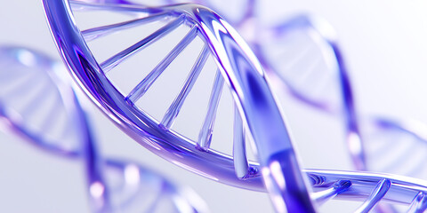 Glossy purple DNA double helix with translucent strands and elegant lighting—ideal for biotech, medical, educational, or futuristic science visuals and commercial design use.