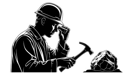 Miner Inspecting Rock with Hammer in Industrial Setting
