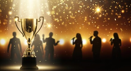 A golden trophy cup with a black base, surrounded by a golden confetti shower, against a blurred background of a stage with silhouettes of performers and a spotlight.