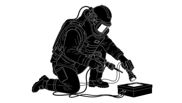 Bomb disposal expert kneeling to defuse explosive device using electronic control equipment