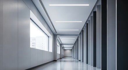 A modern, minimalist office hallway with white walls, glass windows, and sleek, black columns.