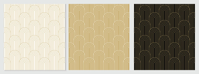Luxury geometric seamless pattern collection with gold and black art deco arches, elegant retro line ornament vector set for premium wallpaper, corporate branding and textile design © VektroGFX