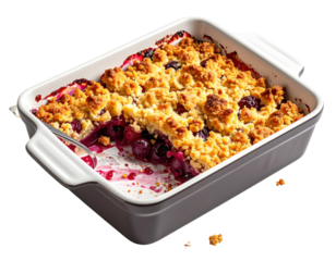 Golden Crumb Topped Cherry Cobbler in Rectangular Baking Dish with Spoon