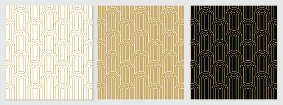 Luxury geometric seamless pattern collection with gold and black art deco arches, elegant retro line ornament vector set for premium wallpaper, corporate branding and textile design