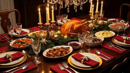 Traditional Holiday Family Feast: Full Dinner Table with Roasted Chicken or Turkey and Side Dishes, ideal for Grocery Store Circulars, Thanksgiving Advertisements, and Family Gathering Invitations.
