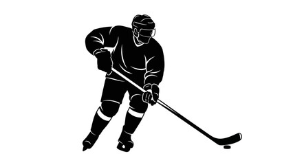 Hockey player in action, skating with stick and puck on the ice rink