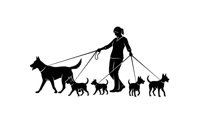 A person walking multiple dogs on leashes in a serene outdoor environment
