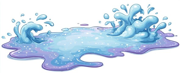 Artistic depiction of water in various forms. Features splashing, ripples, and a serene, calming pool of liquid. Light blue and purple hues