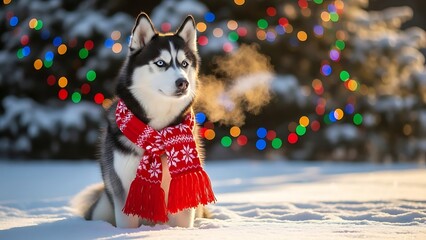 Cozy Winter Mood: Cute Black and White Husky with Bright Blue Eyes in the Snow, great for Social Media Marketing Campaigns, Pet Food Branding, and Website Hero Images.