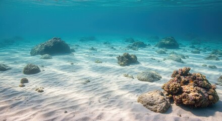 Fototapeta premium Underwater scene with sand, rocks, and coral in clear blue water.