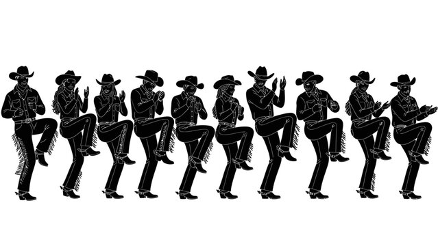 Graphic illustration of silhouetted cowboys performing a synchronized line dance, embodying Western culture and rhythmic movement